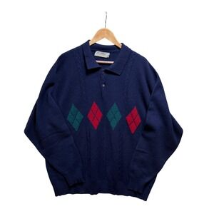 VTG Braemar Scotland 100% Pure Lambswool Argyle Polo Sweater Navy XL Scotland
